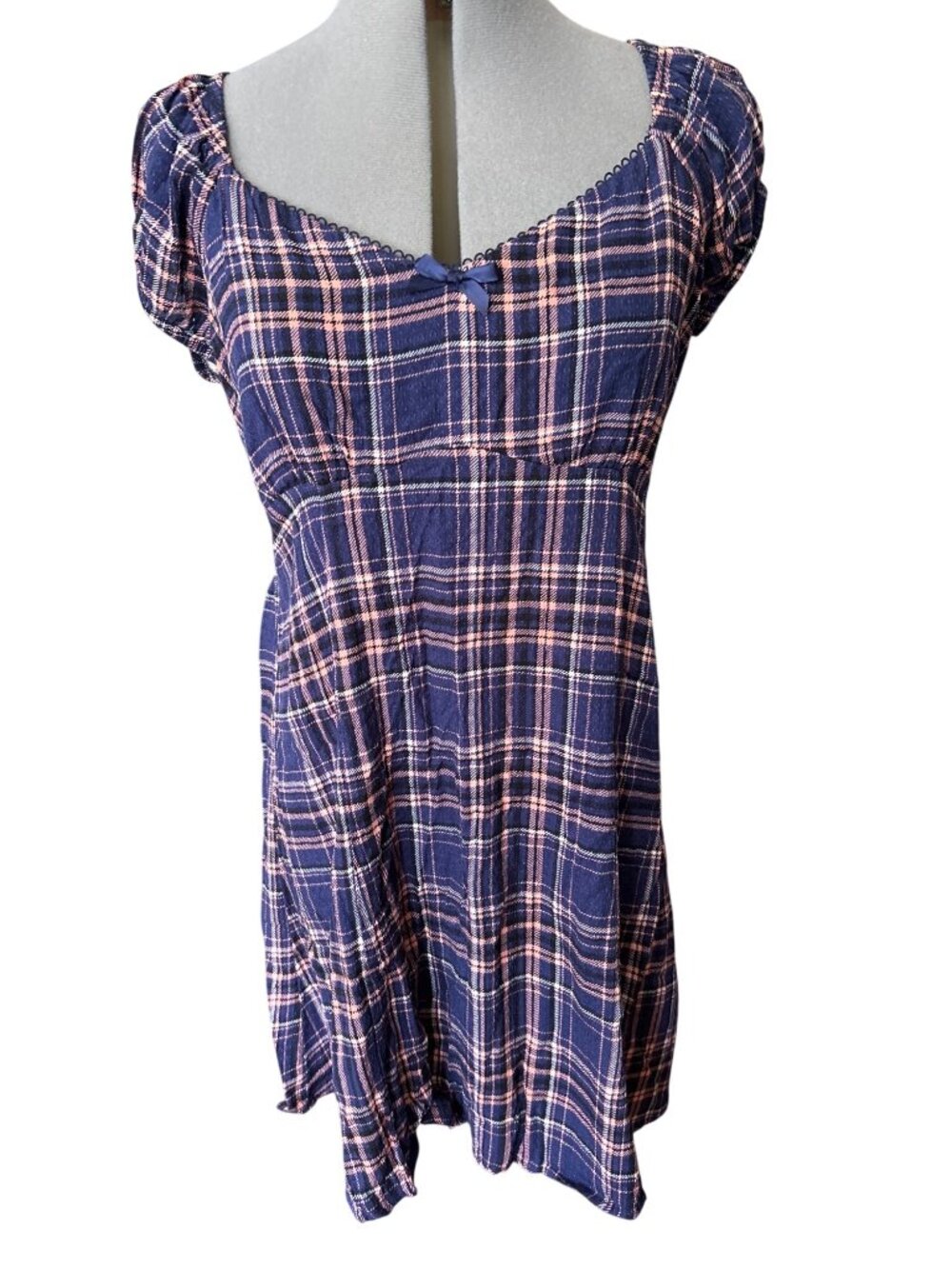 Selfie Plaid Dress XL (Juniors) Navy & Peach Puff Sleeves Smocked Back Babydoll